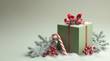 Christmas gift composition with green present snowflakes red berries candy cane and bell