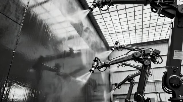 Collaborative painting robots applying coats on expansive industrial walls demonstrating efficiency in continuous repetitive painting sequences indoors.