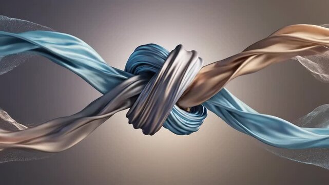 Abstract metallic cord knot tied with interlaced strands showing smooth texture and studio lighting
