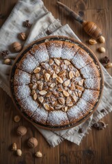 Top-down christmas kutia with walnuts, honey and dried fruit on wooden table