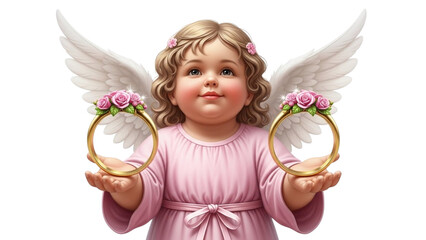 Baby angel with wings holding golden rings adorned with pink roses child cherub