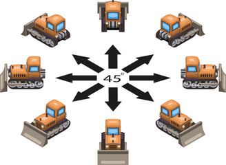 Six isometric cartoon bulldozers. The orange bulldozers in game style in different angles in isometric view.