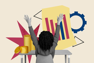 Creative design composite trend artwork collage of young lady sit armchair table pile coins rich graphics income earnings budget cash bank