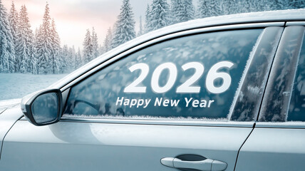 Close-up of a frosted car side window with the words "Happy New Year 2026" written on it.
