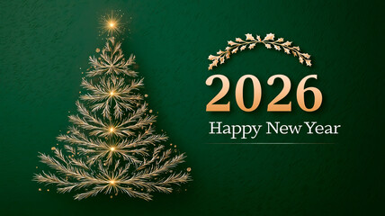 New Year's card with a golden Christmas tree and the inscription Happy New Year 2026