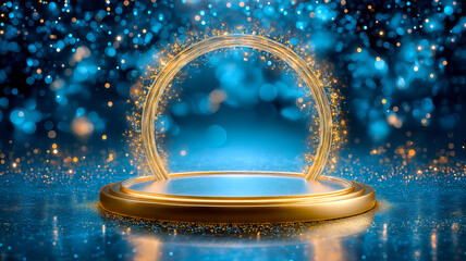 Brightly lit stage with colorful lights in the background and an elegant catwalk for showcasing models or advertising products.