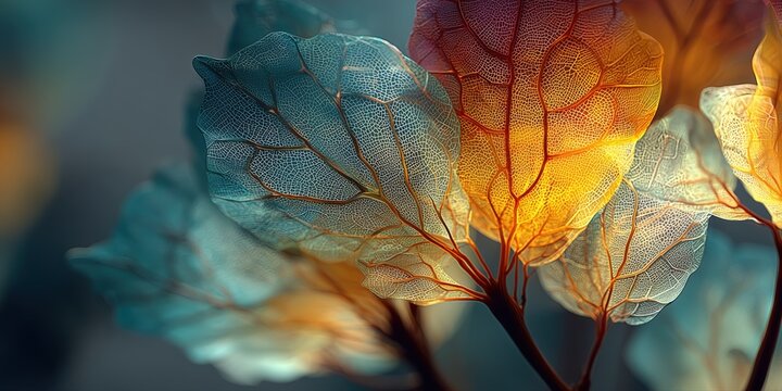 Artistic macro shot of skeletonized leaves with frost and blue gold lighting effects.

