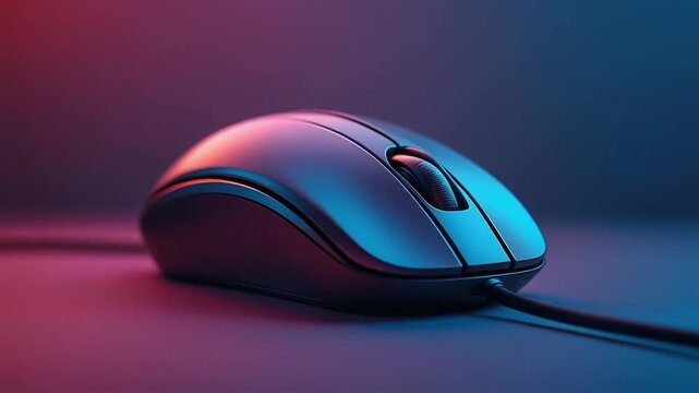 A close-up view of a computer mouse with a cable, illuminated with vibrant red and blue lighting.