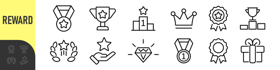Reward set of web icons in line style. A collection of linear icons representing various reward concepts, including gift, trophy, recognition, reward program, medal, bonus, and more