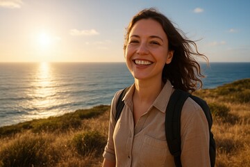 A cheerful young woman smiling brightly in the foreground, with the ocean and coastal landscape softly blurred in the background