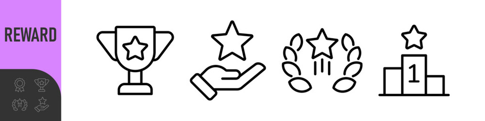 Reward set of web icons in line style. A collection of linear icons representing various reward concepts, including gift, trophy, recognition, reward program, medal, bonus, and more