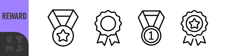 Reward set of web icons in line style. A collection of linear icons representing various reward concepts, including gift, trophy, recognition, reward program, medal, bonus, and more
