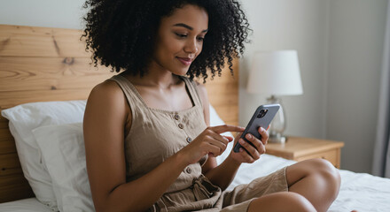 Smiling woman browsing smartphone, relaxing comfortably on a cozy bed, enjoying modern connectivity and leisure time