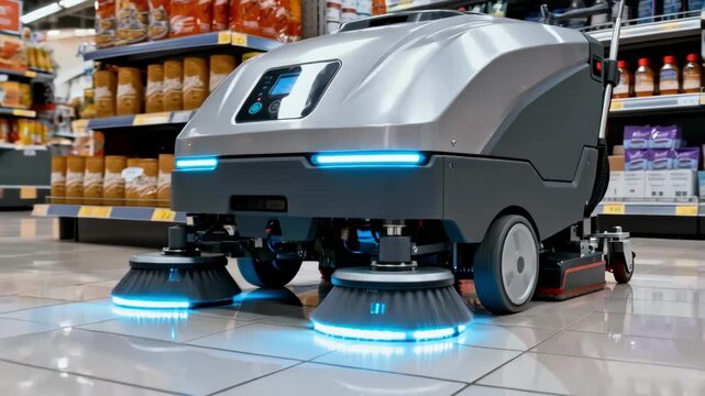 Hightech programmable floorcleaning robot systematically disinfecting a retail stores polished floor highlighting versatility for various floor types and industrial usage.