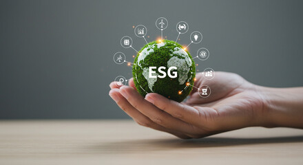 Holding sustainable future global ESG growth concepts with digital icons in hand