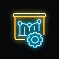 Obraz premium Neon glowing icon of a gear working on business chart optimization, representing data analysis and improvement