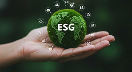 Sustainable future visualized with ESG globe and global business icons held in caring hands