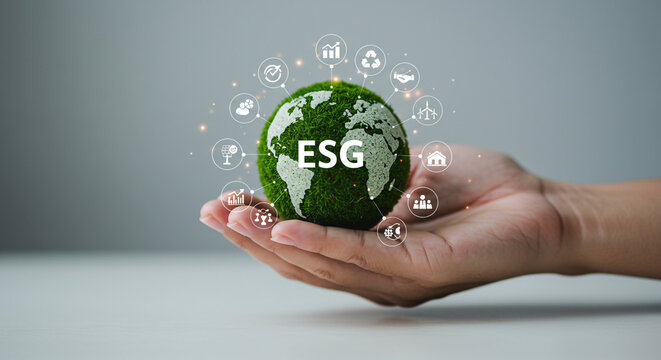 Responsible business growth with sustainable earth icons in hand, ESG concept