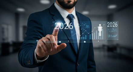 Executive touching futuristic screen displaying 2026 growth projections and analytics for business success