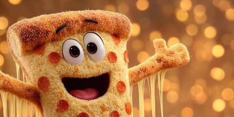 Happy fuzzy pizza slice character with melting cheese strings on golden bokeh background.

