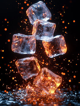 Floating ice cubes illuminated by warm orange light and shimmering particles against a dark background.