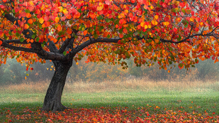 Vibrant autumn tree in full color with a carpet of fallen leaves on the grass.