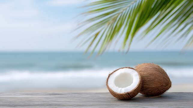 Coconut halves placed on wooden table with blurred ocean waves and palm leaves in the background, evoking a tropical paradise and refreshing summer vibes