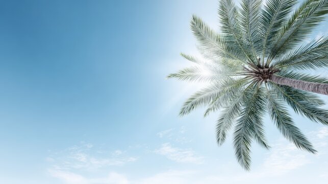 Coconut palm tree with vibrant green leaves reaching towards a clear blue sky, creating a tropical atmosphere and inviting relaxation in a serene environment with copy space - Powered by Adobe