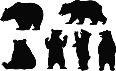 Silhouettes of bears in various poses, walking, standing, sitting, wildlife, animal illustration, forest, nature, wild, mammal