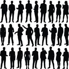Silhouettes of business professionals in formal attire, standing, gesturing, holding objects, teamwork, leadership, diversity, office, corporate, communication