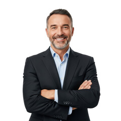 Smiling middle aged man with graying hair wearing a dark suit and light blue shirt arms crossed isolated on transparent background