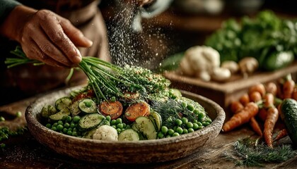 Female hand adding green onions into a bowl of peas, cucumbers, carrots, lettuce, and dill on kitchen table
