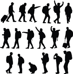 Silhouettes of men in various poses, walking, standing, pointing, carrying bags, business attire, lifestyle, travel, posture, activity
