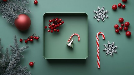 Top down view of green holiday box with red berries snowflakes candy cane and bell