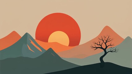 Minimalist landscape illustration of mountains, a bare tree, and a vibrant sun setting or rising.