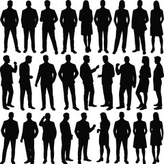 Silhouettes of professional men and women in business attire, standing, gesturing, communicating, teamwork, leadership, diversity, office, success