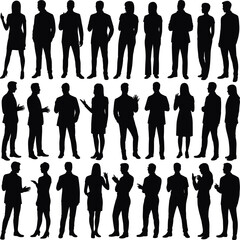 Silhouettes of professional men and women in business attire, standing, gesturing, waving, pointing, teamwork, leadership, diversity, office