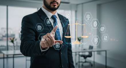 Professional in suit interacting with legal tech icons, scales of justice, and law concepts