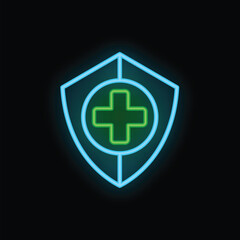 Neon shield is protecting a green cross symbol on a black background