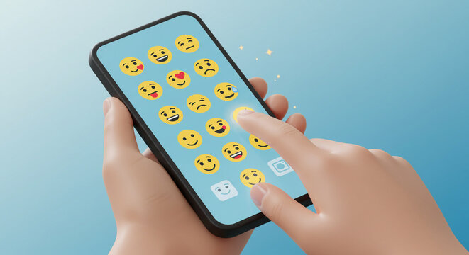 Human hand selecting emoji on smartphone screen, conveying emotion and digital communication
