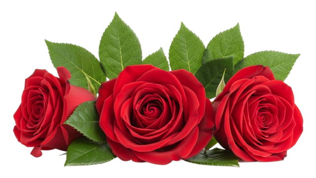 A close up view of three vibrant red roses with lush green leaves on a transparent  background 