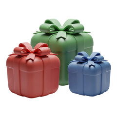 Three colorful gift boxes with bows, isolated on white background, symbolizing celebrations and giving
