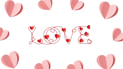 Red and pink paper hearts frame the word L O V E on black background love pink hearts