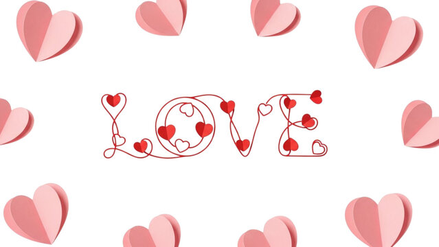 Red and pink paper hearts frame the word L O V E on black background love pink hearts