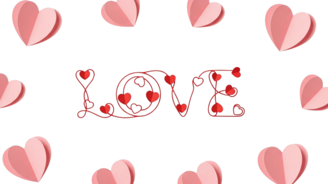 Red and pink paper hearts frame the word L O V E on black background love pink hearts