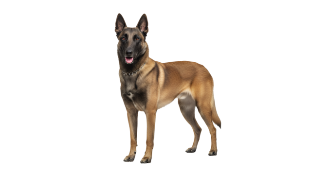 Alert Belgian Malinois dog standing full body shot isolated on white representing canine agility and breed standards