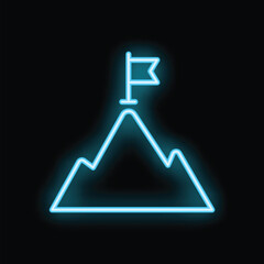 Blue neon icon of a flag waving on the top of a mountain peak, representing success and achievement