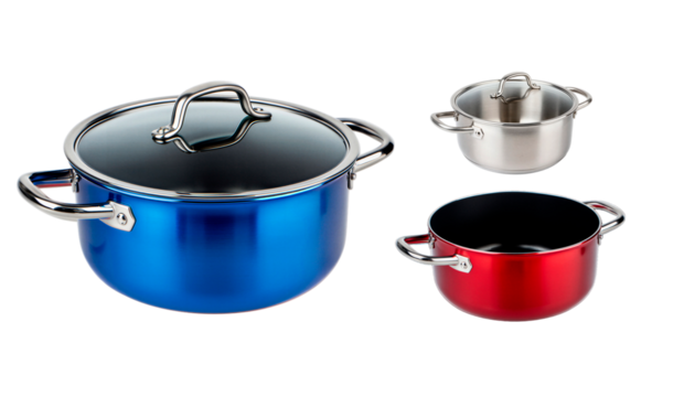 stainless steel pan. A shiny stainless steel cooking pot with a clear glass lid is isolated on a transparent background, ideal for PNG 