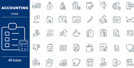 40 Line Style Accounting Icons Finance, Bookkeeping, Tax Preparation and Financial Report Symbols