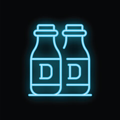 Glowing neon icon representing two bottles enriched with vitamin d, perfect for health and wellness projects